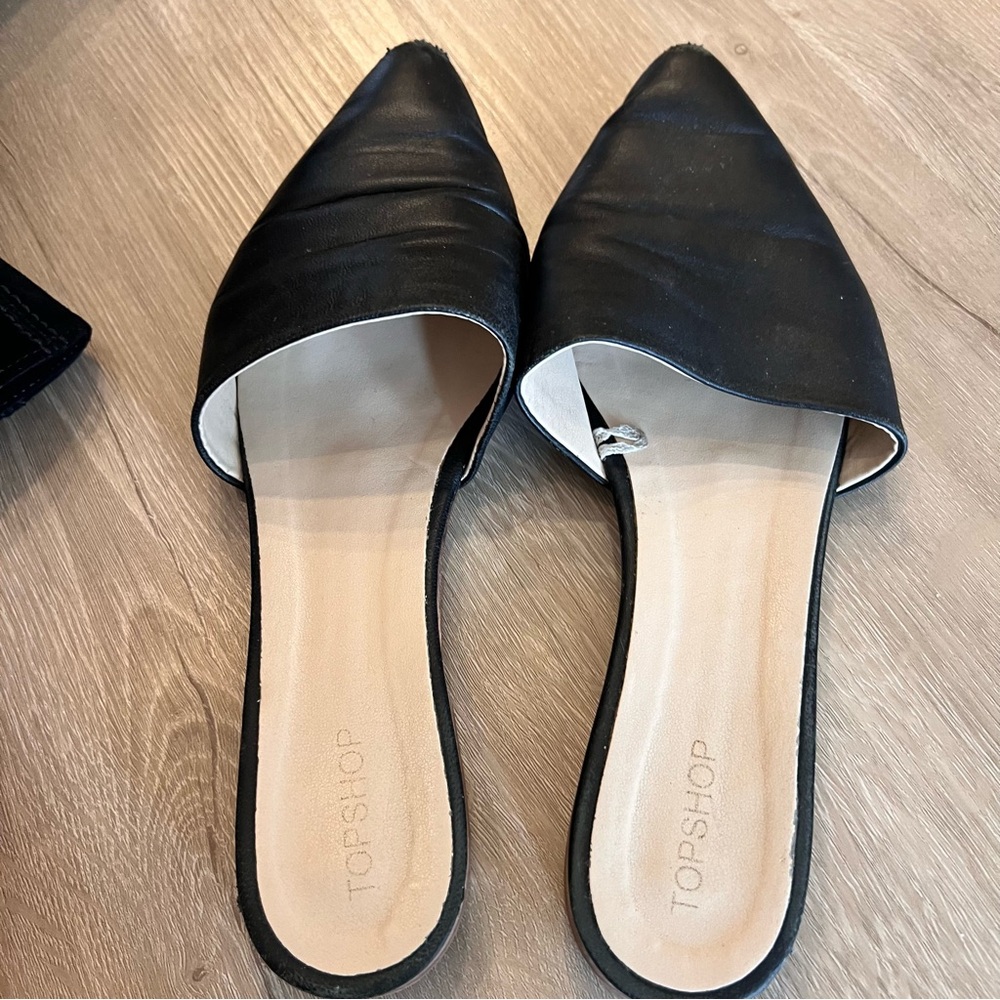 Topshop Black Pointed Slip-On Leather Mules - Picture 2 of 3